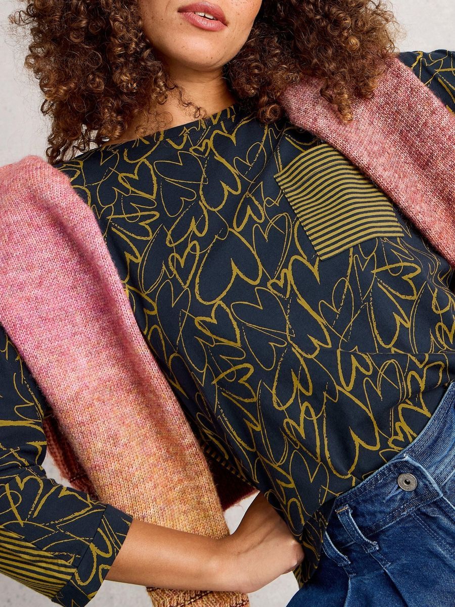Gestreiftes Dolman-Ärmel Baumwoll-Top mit Tasche
