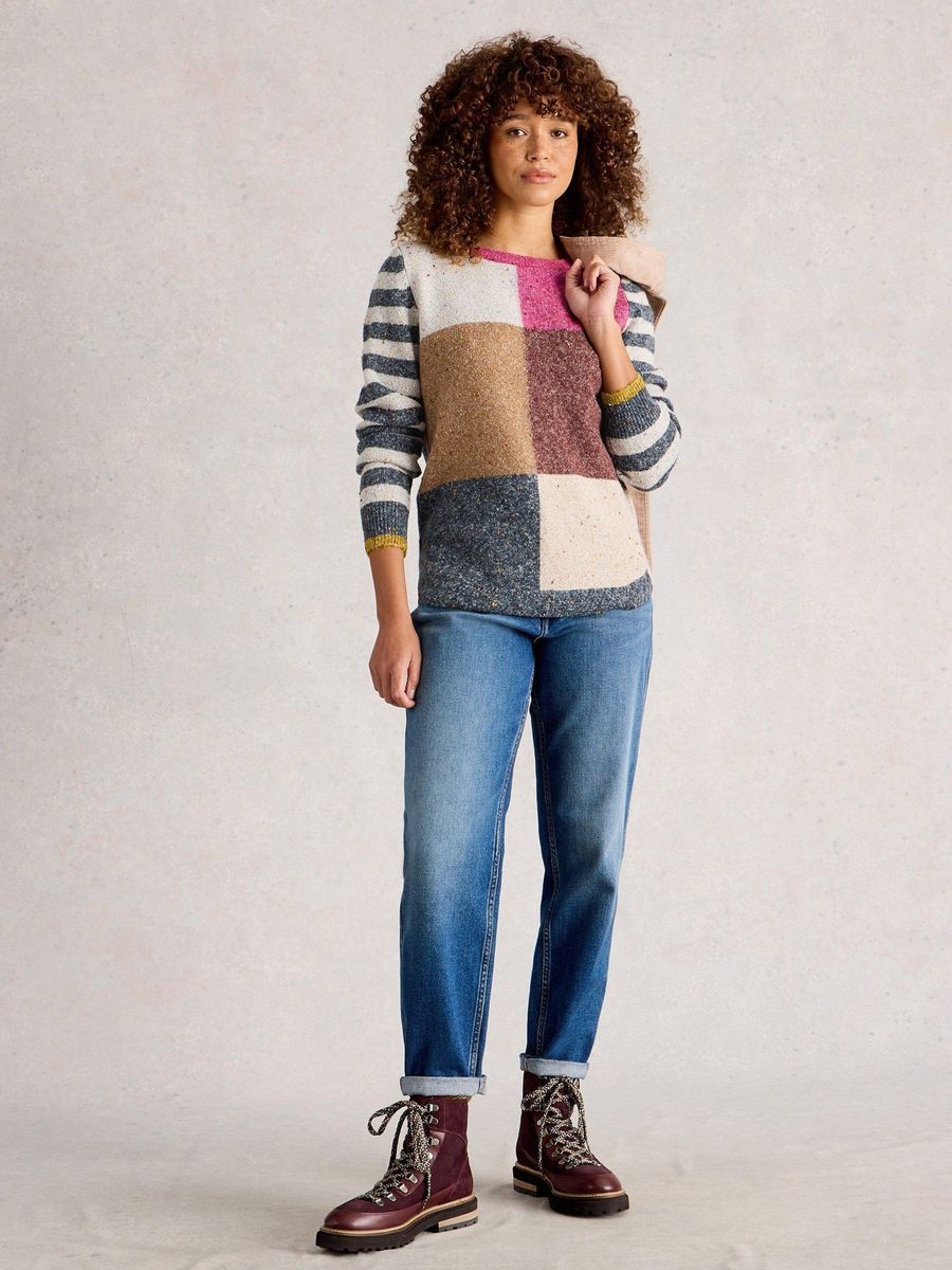 Farbig-blockierter, melierter Strickpullover