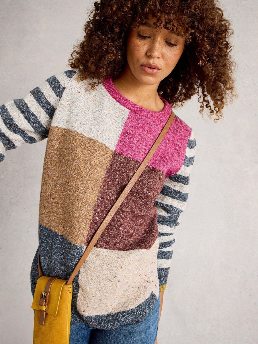 Farbig-blockierter, melierter Strickpullover