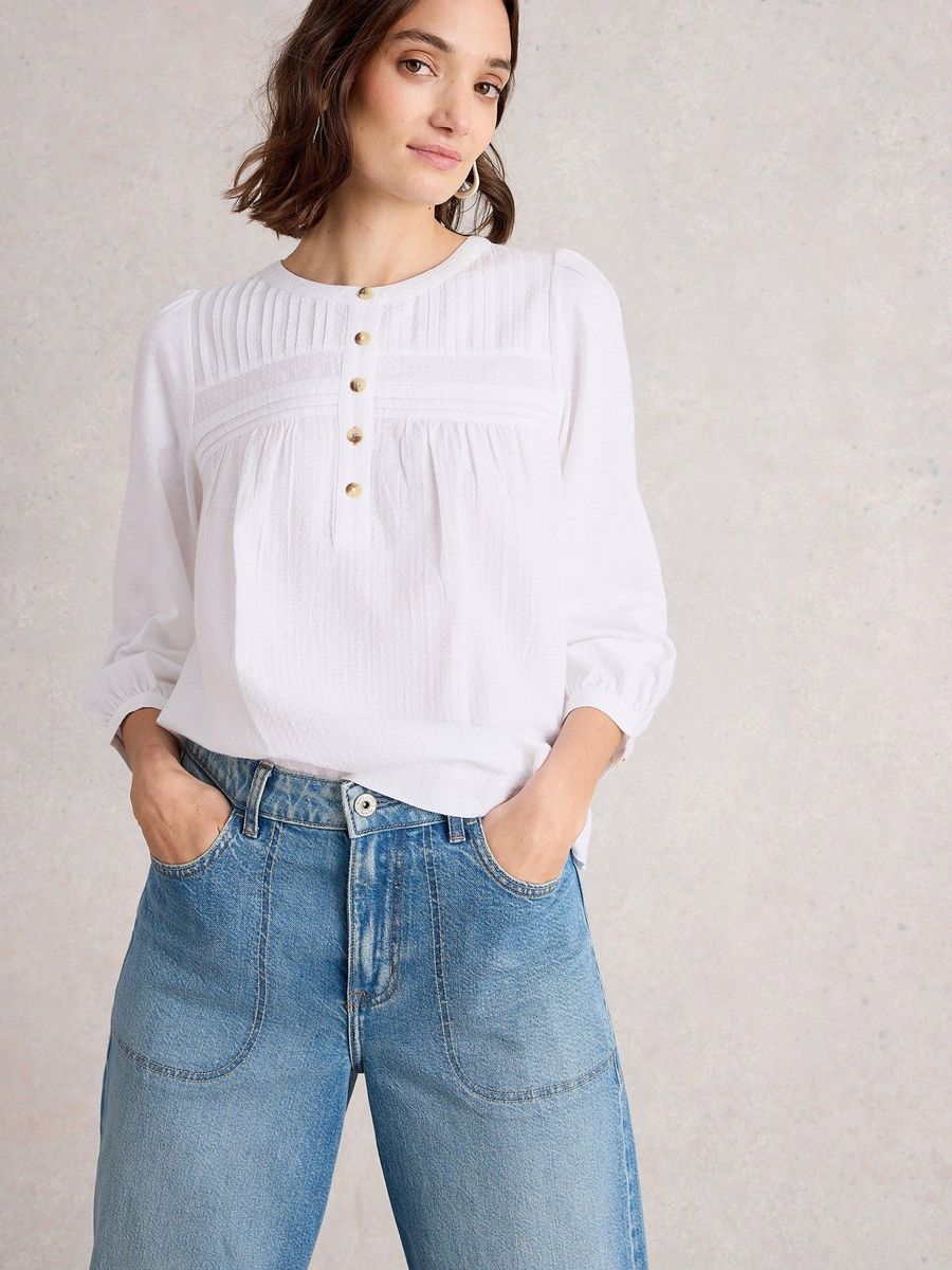 Baumwollbluse mit Knöpfen und Struktur