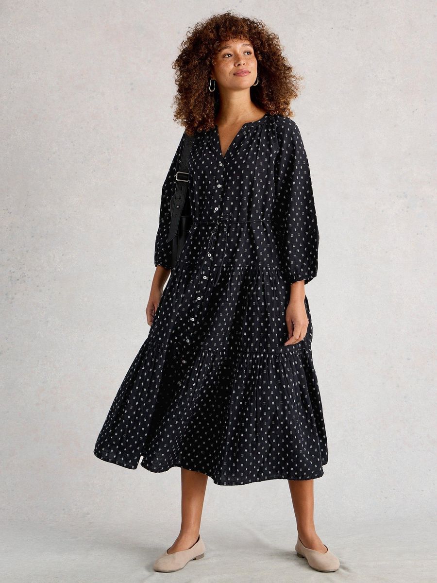 Schwarzes, gestuftes Midi-Kleid aus Bio-Baumwolle