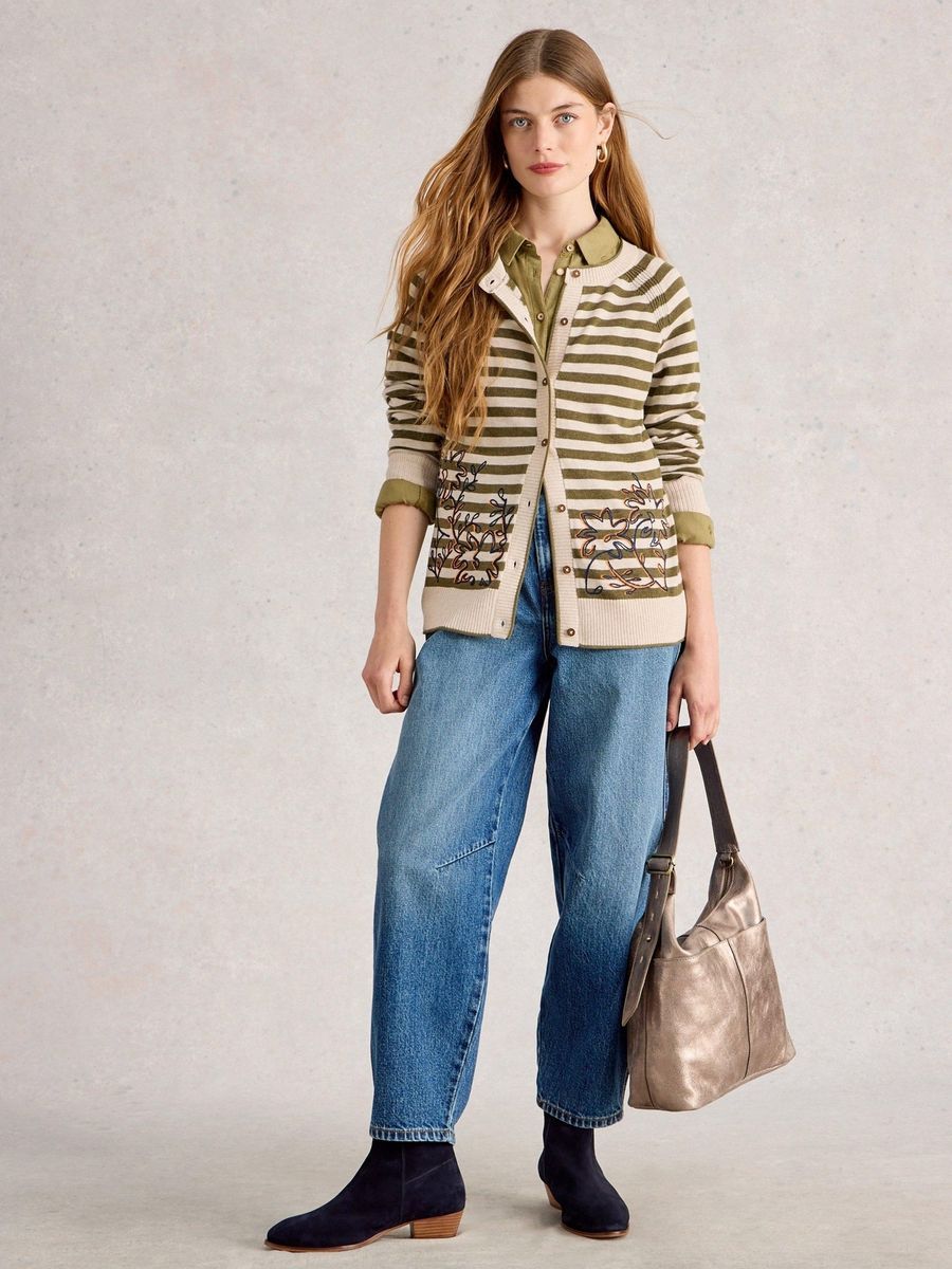 Gestreifte Strickjacke aus Bio-Baumwolle mit Stickerei