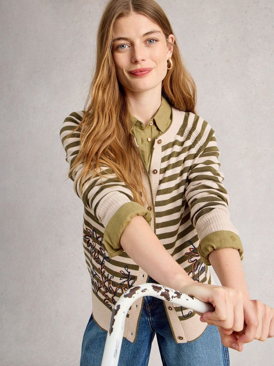 Gestreifte Strickjacke aus Bio-Baumwolle mit Stickerei