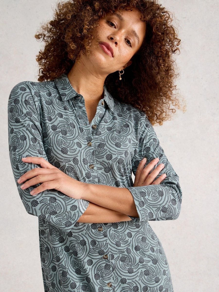 Jersey-Blusenkleid mit Print und Knöpfen