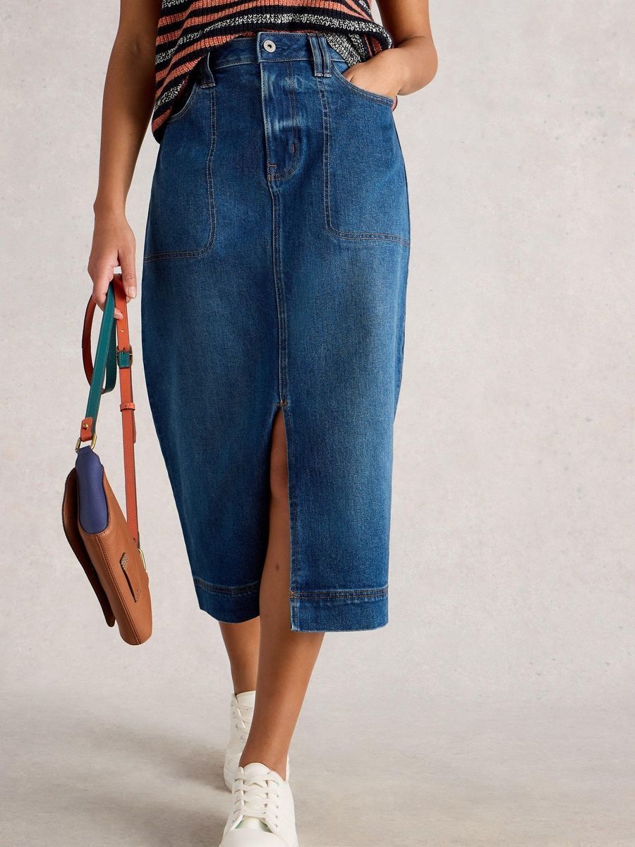 Jeans-Midi-Rock mit Schlitz vorne