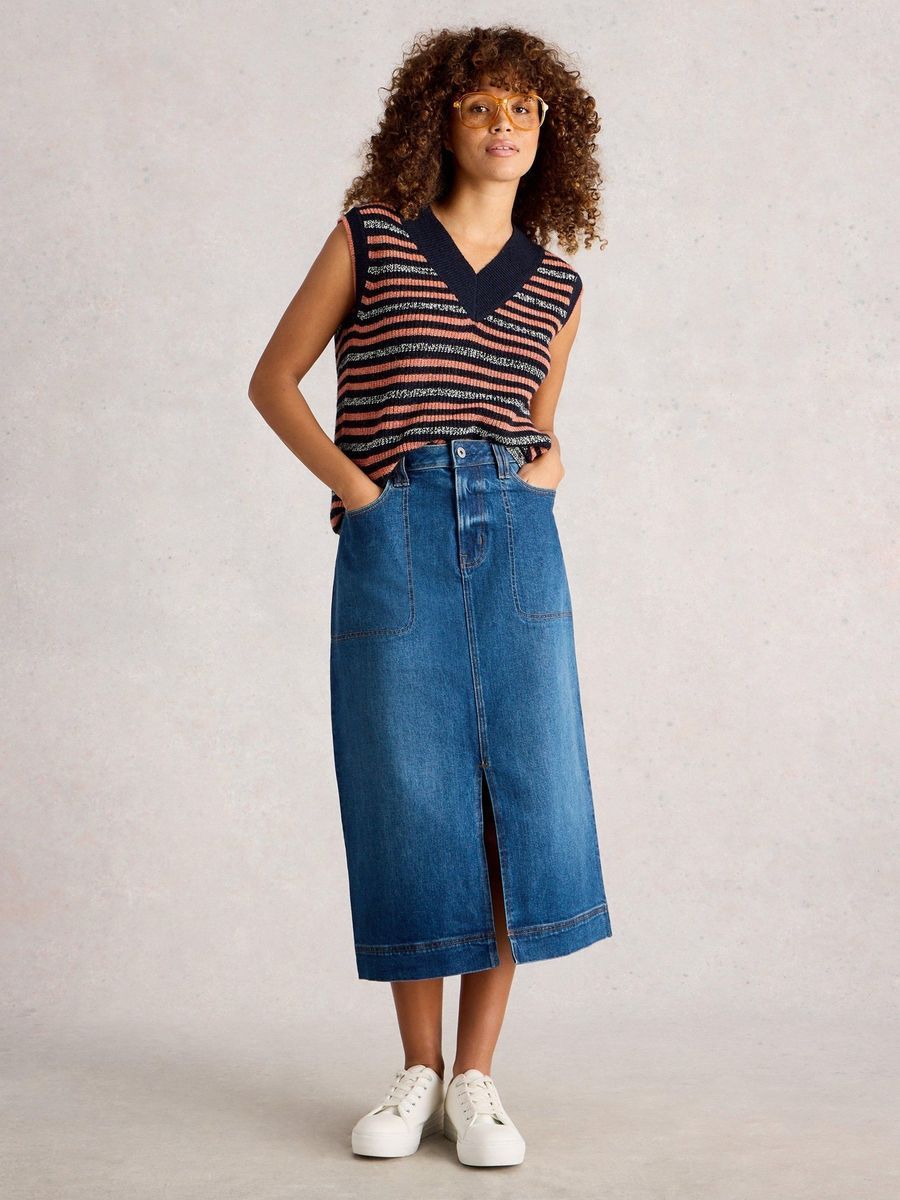 Jeans-Midi-Rock mit Schlitz vorne