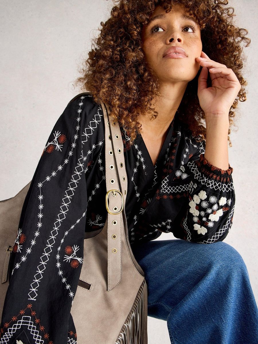 Bestickte Baumwoll-Bluse im Boho-Stil