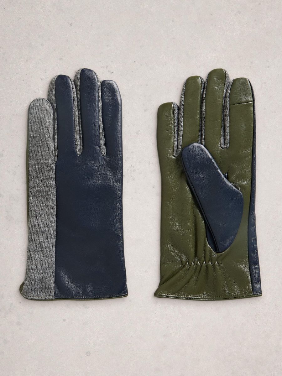 Zweifarbige Lederhandschuhe mit Strickdetail
