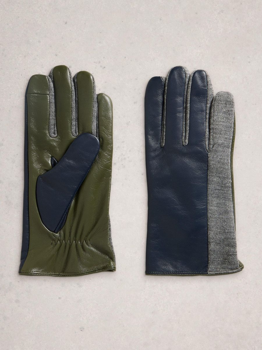 Zweifarbige Lederhandschuhe mit Strickdetail