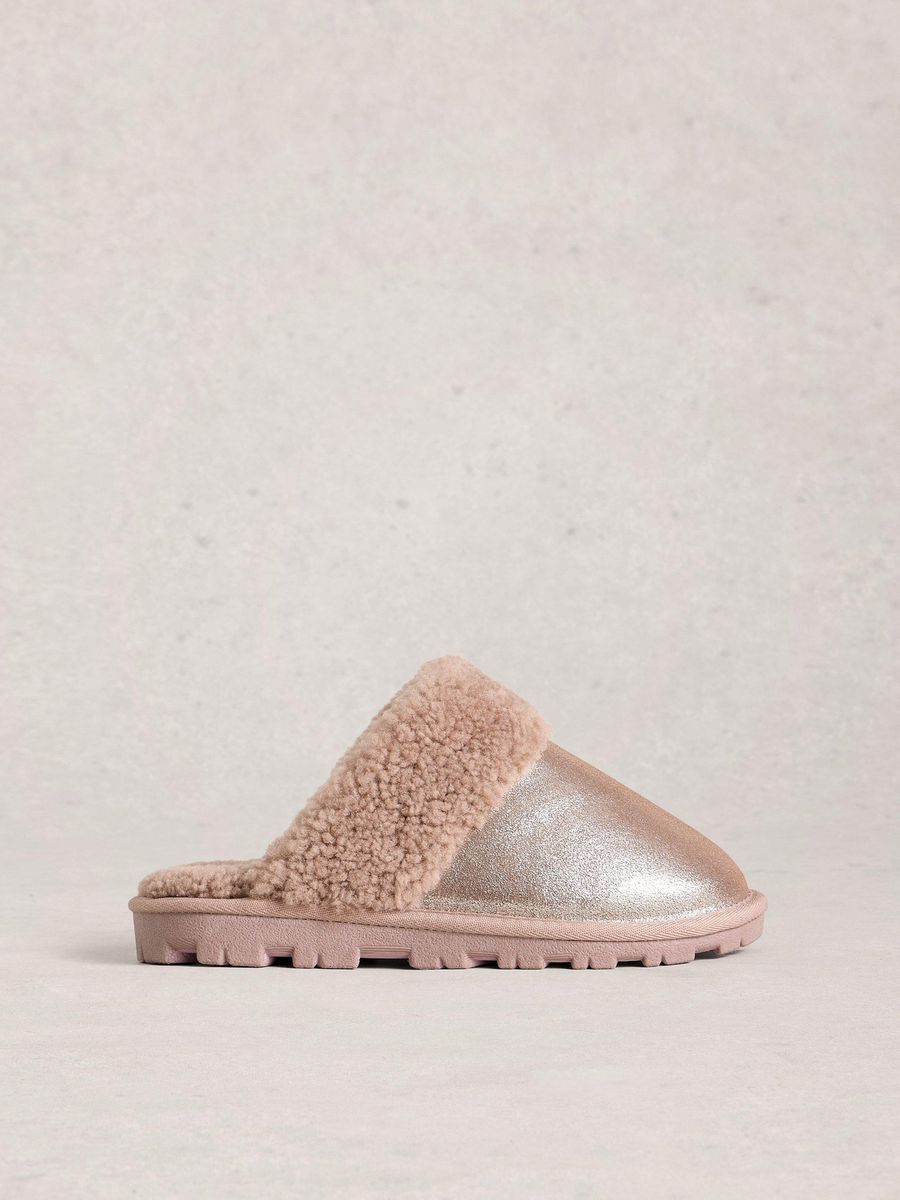 Metallic Wildleder Pantoffeln mit Shearling-Futter