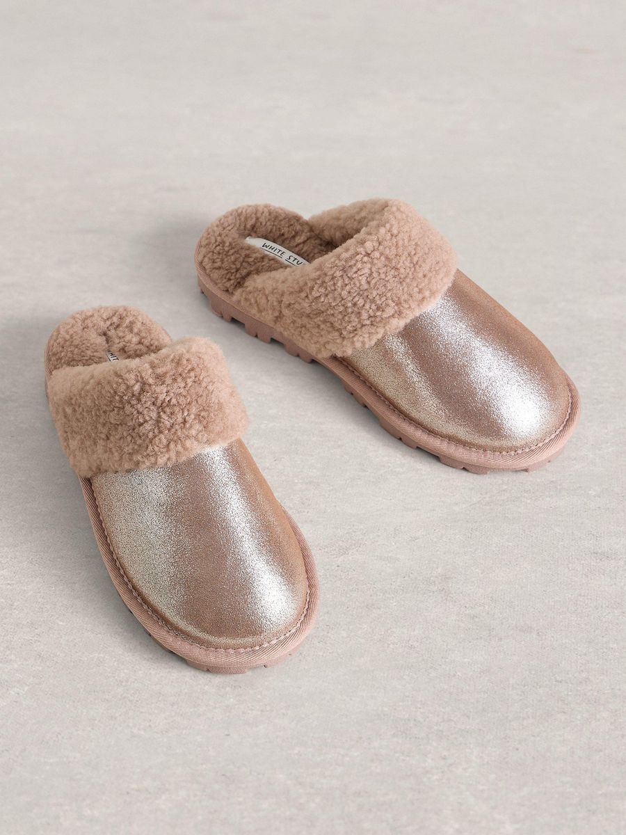 Metallic Wildleder Pantoffeln mit Shearling-Futter