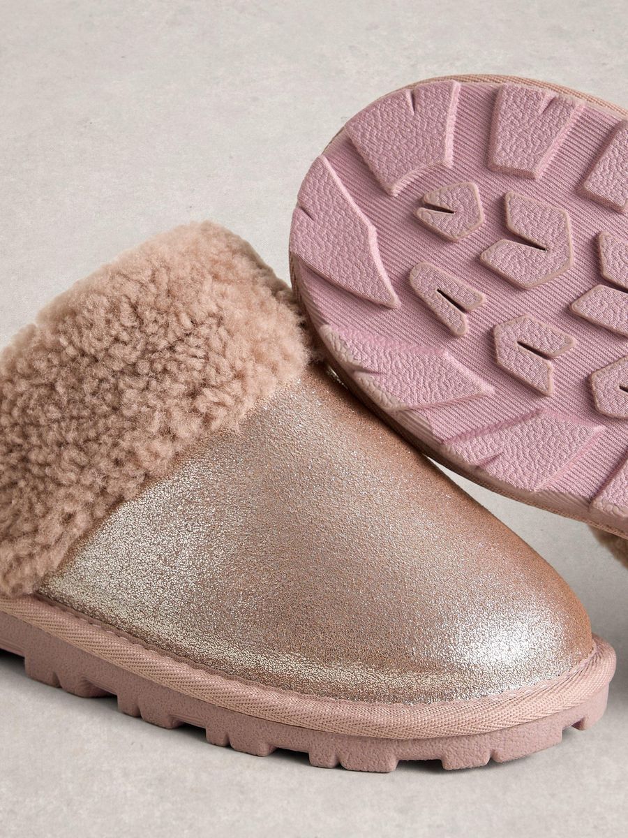 Metallic Wildleder Pantoffeln mit Shearling-Futter