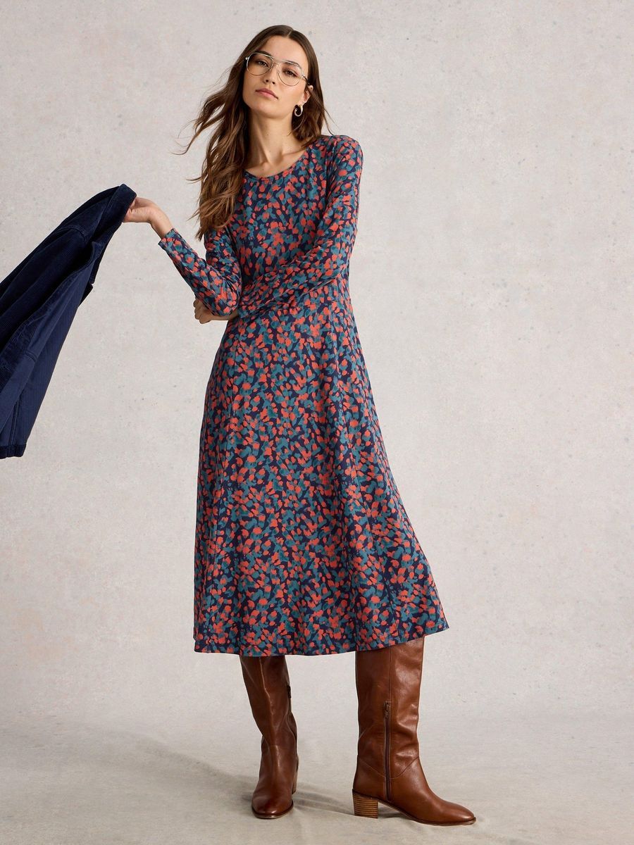 Jersey-Midikleid mit Aufdruck und langen Ärmeln