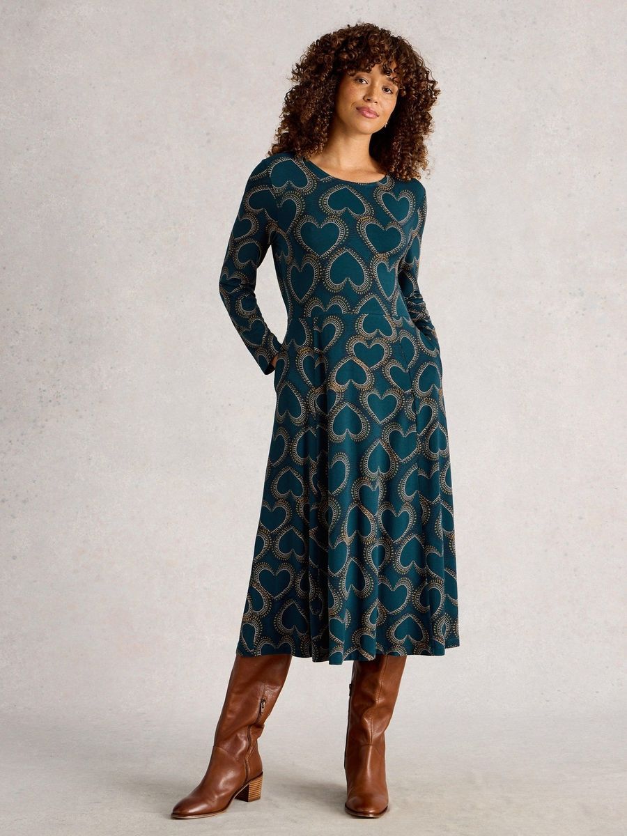 Langärmeliges Midikleid mit Herzmuster