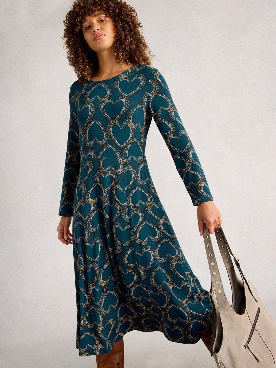 Langärmeliges Midikleid mit Herzmuster