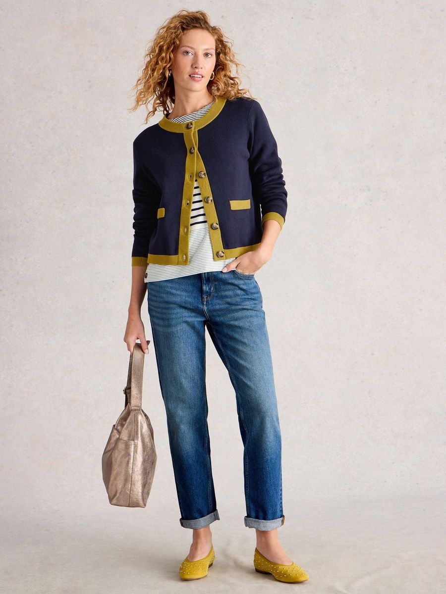 Marineblaue Strickjacke mit Kontrastbesatz