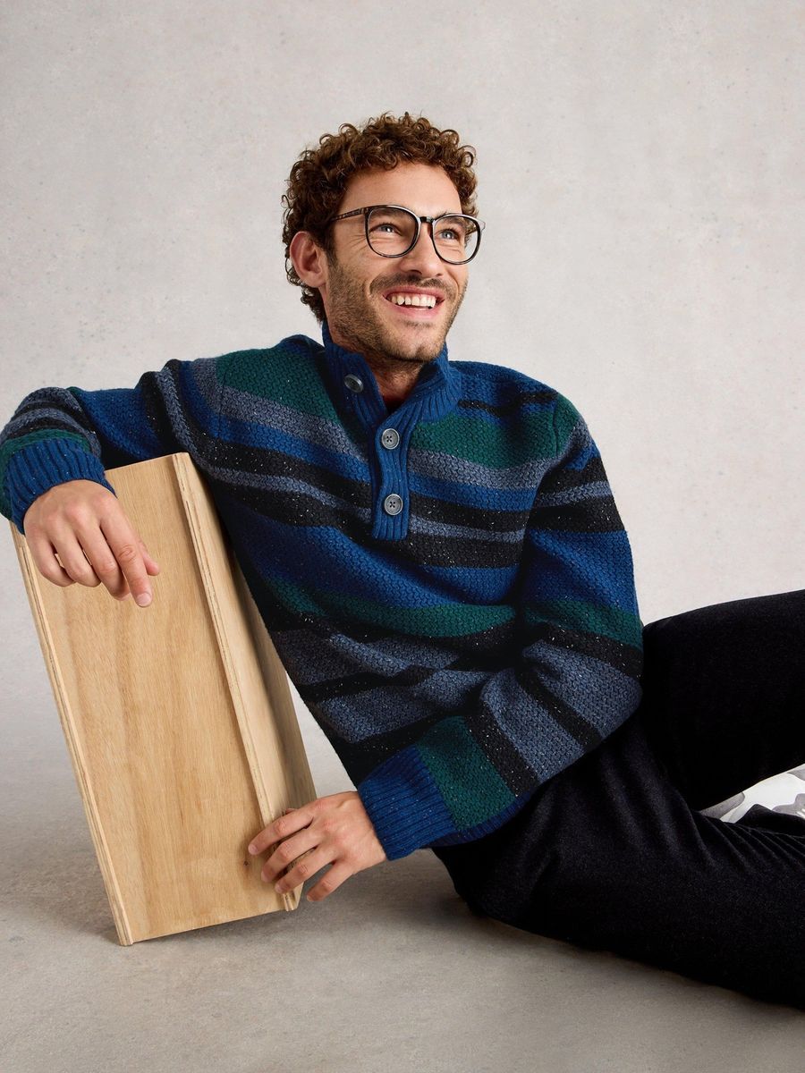 Gestreifter Pullover mit Knopfleiste aus Lammwollmischung