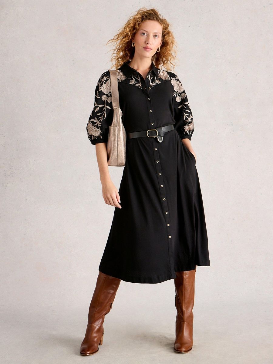 Besticktes Jersey-Midi-Hemdkleid