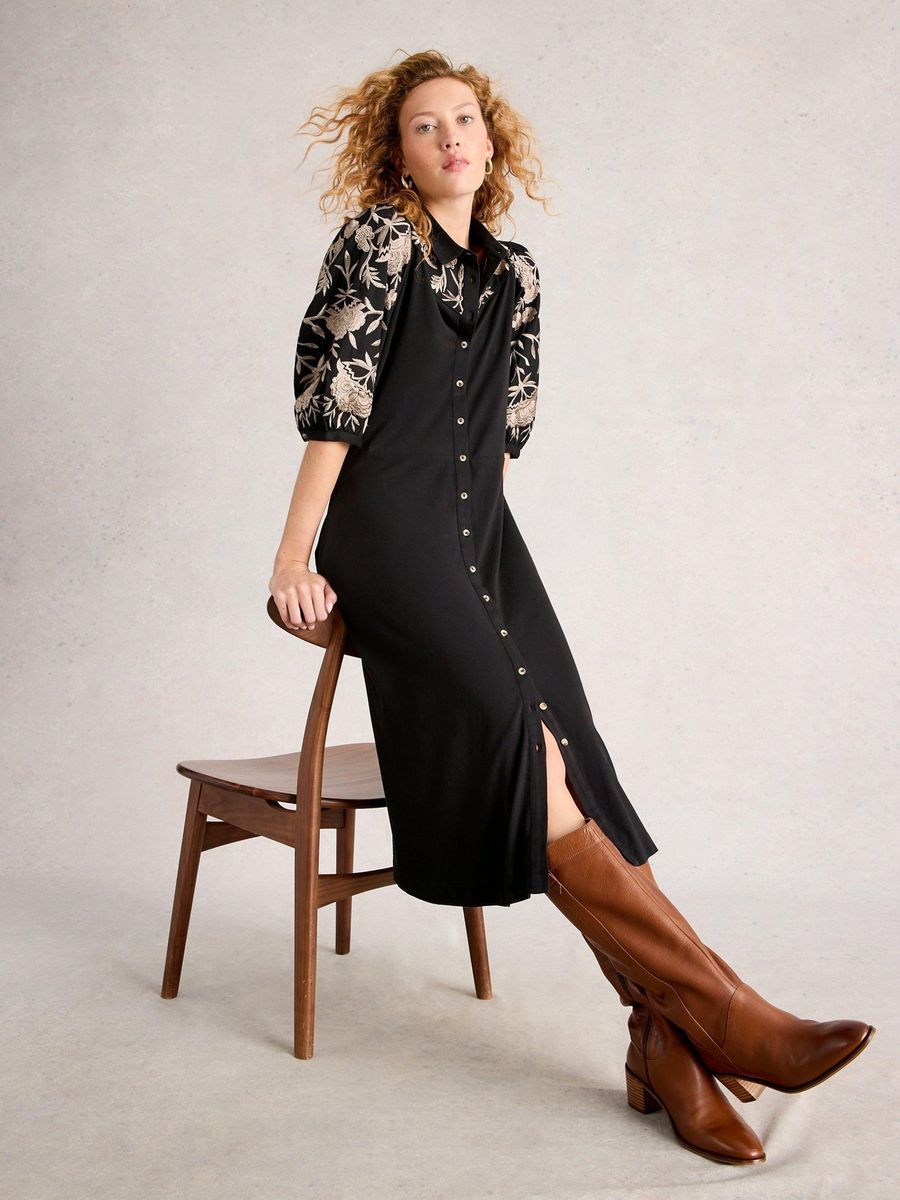 Besticktes Jersey-Midi-Hemdkleid