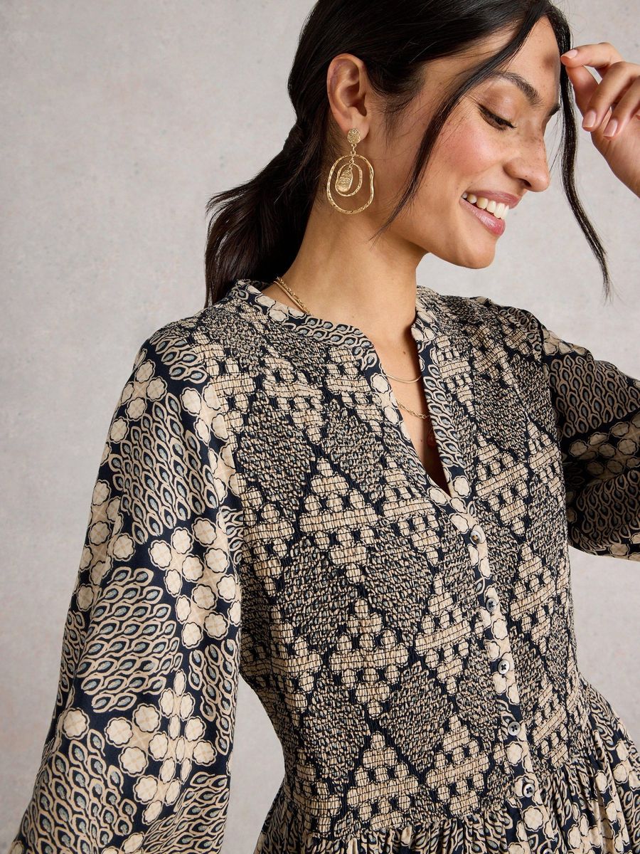 Midi-Kleid mit Boho-Print und langen Ärmeln