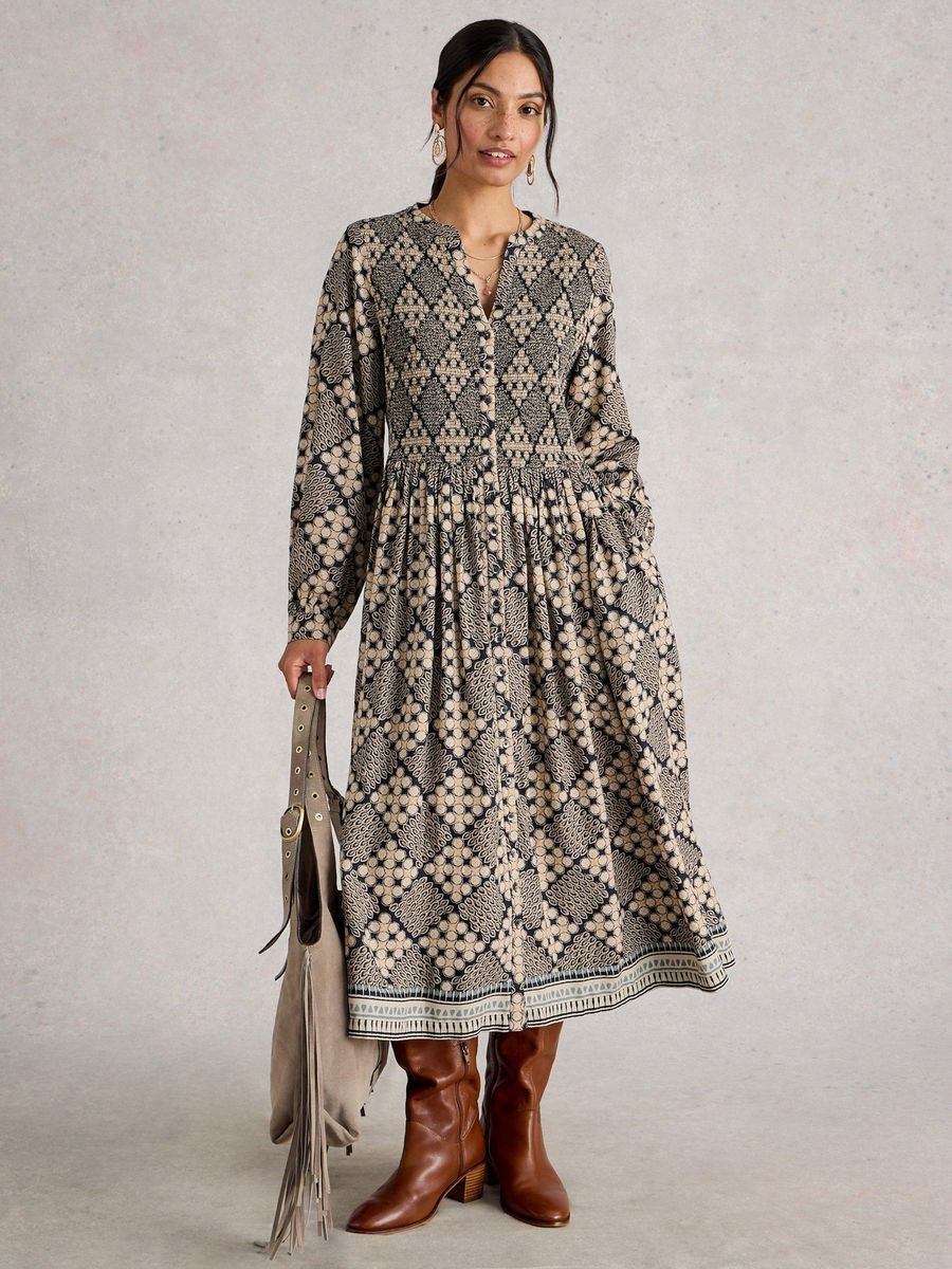 Midi-Kleid mit Boho-Print und langen Ärmeln