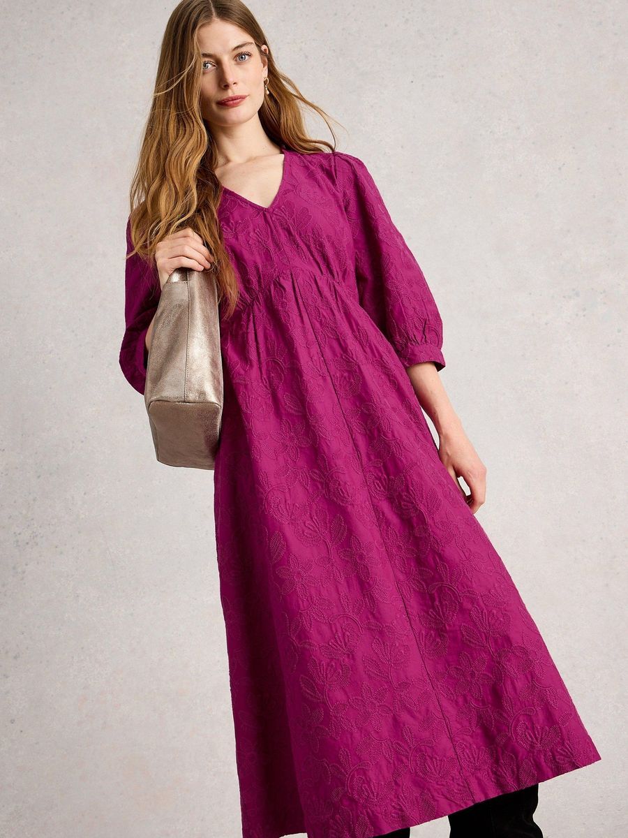Besticktes Baumwoll-Midikleid mit Ärmeln