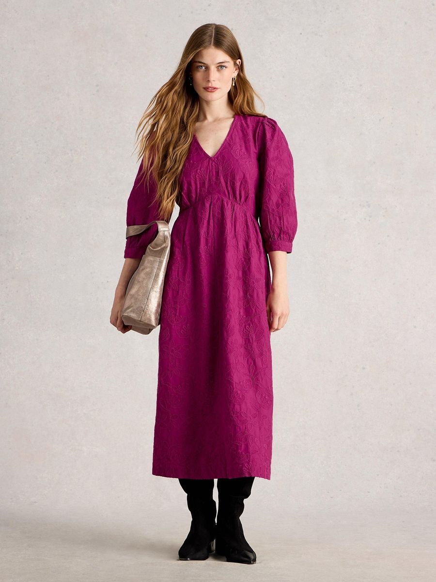 Besticktes Baumwoll-Midikleid mit Ärmeln