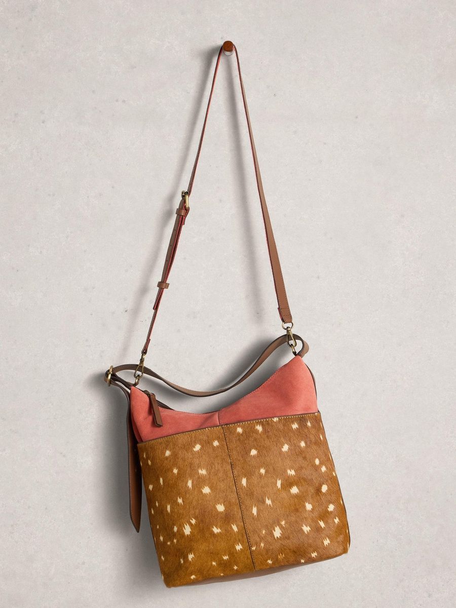 Hobo-Tasche Sophia aus Leder mit Kuhfellmuster