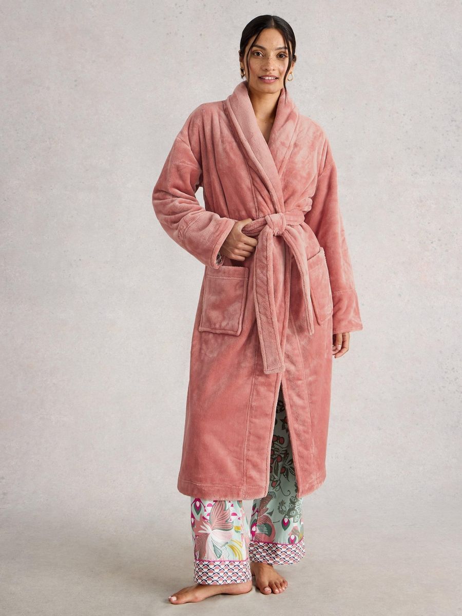Langer flauschiger Fleece-Bademantel mit Taschen
