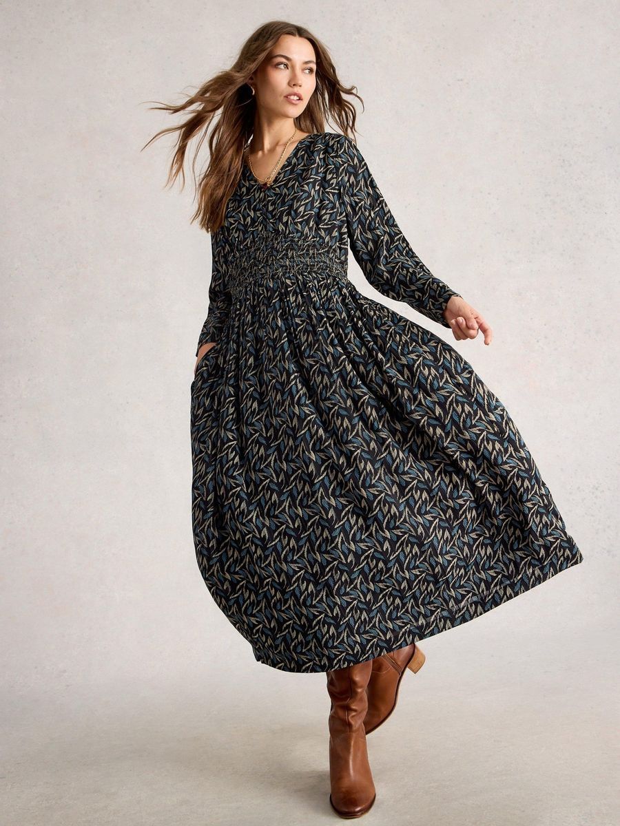 Midikleid mit Blattdruck und langen Ärmeln