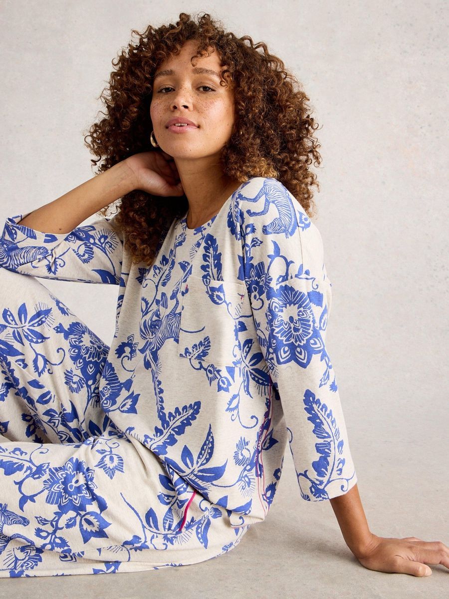 Jersey-Top mit blauem Blumendruck