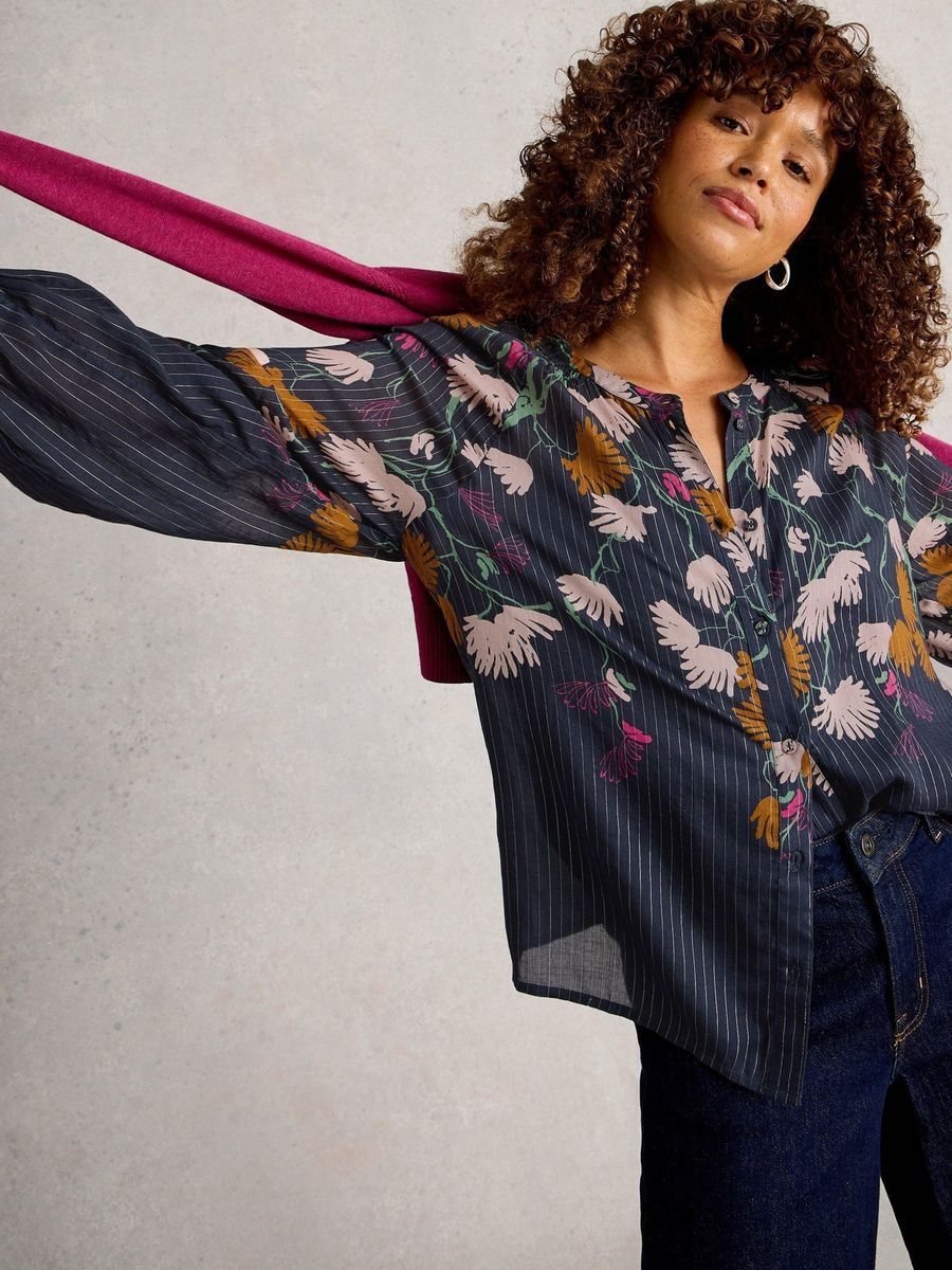 Gestreifte Bluse mit Blumenmuster und langen Ärmeln