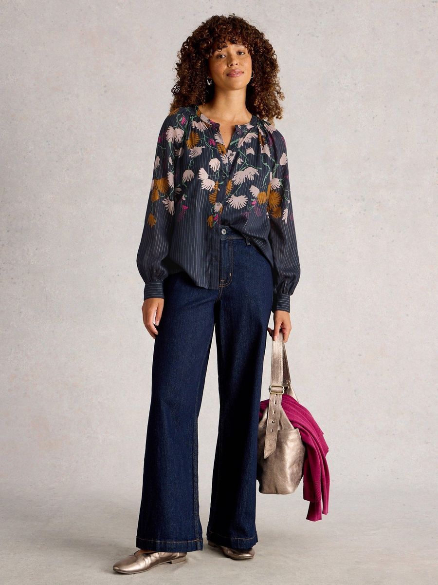Gestreifte Bluse mit Blumenmuster und langen Ärmeln