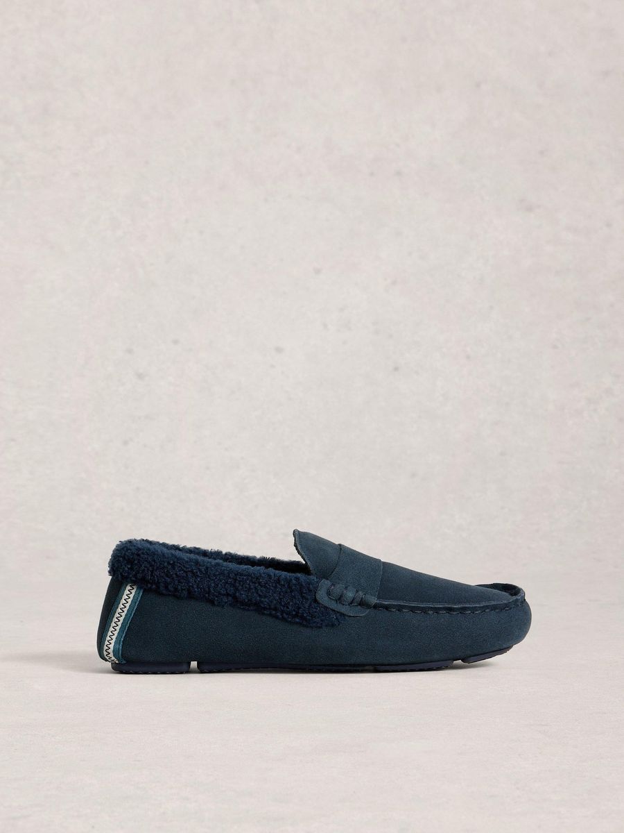 Marineblaue Wildleder-Mokassin-Hausschuhe mit Fellbesatz