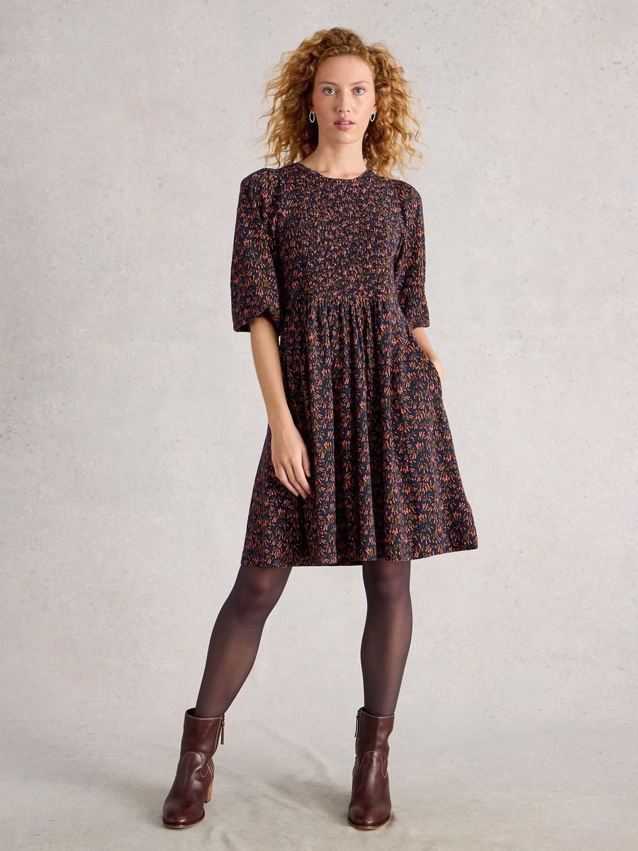 Jerseykleid mit Smok-Einsatz und Blumendruck