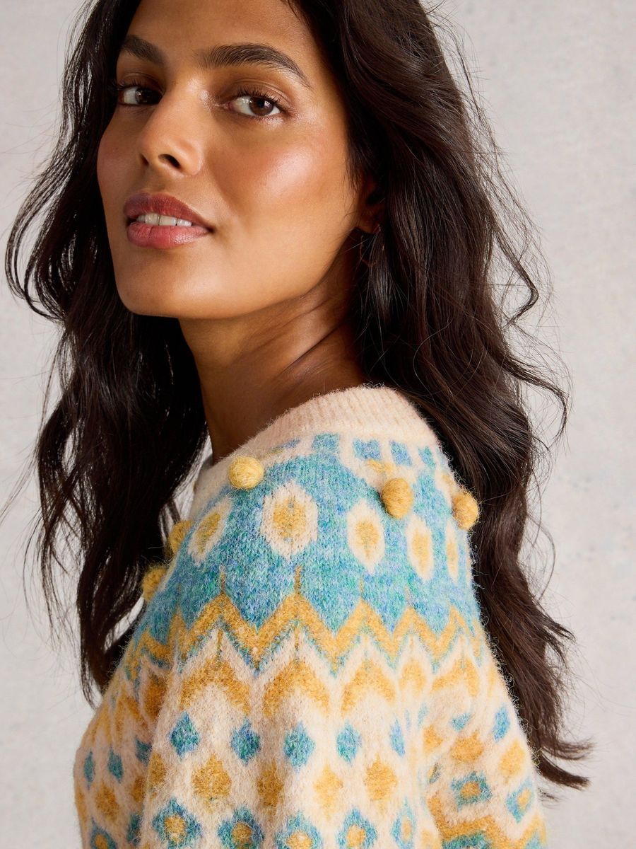 Fair Isle Strickpullover mit Bommeln