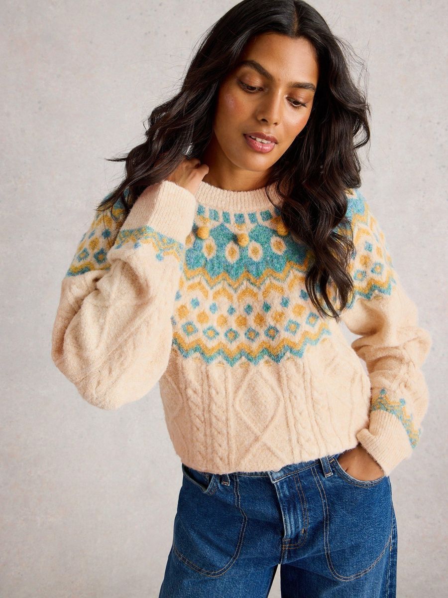 Fair Isle Strickpullover mit Bommeln