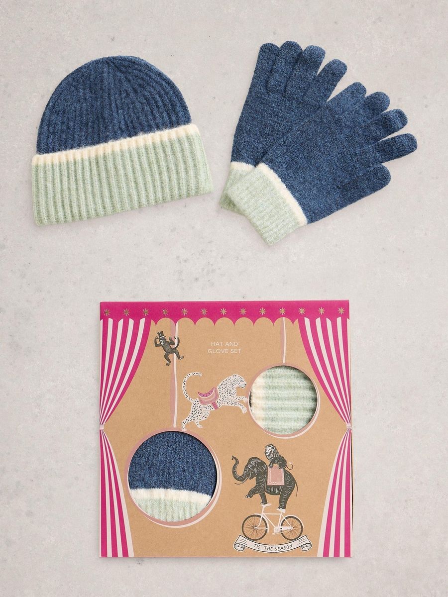 Zweifarbiger Strickmütze und Handschuh Set