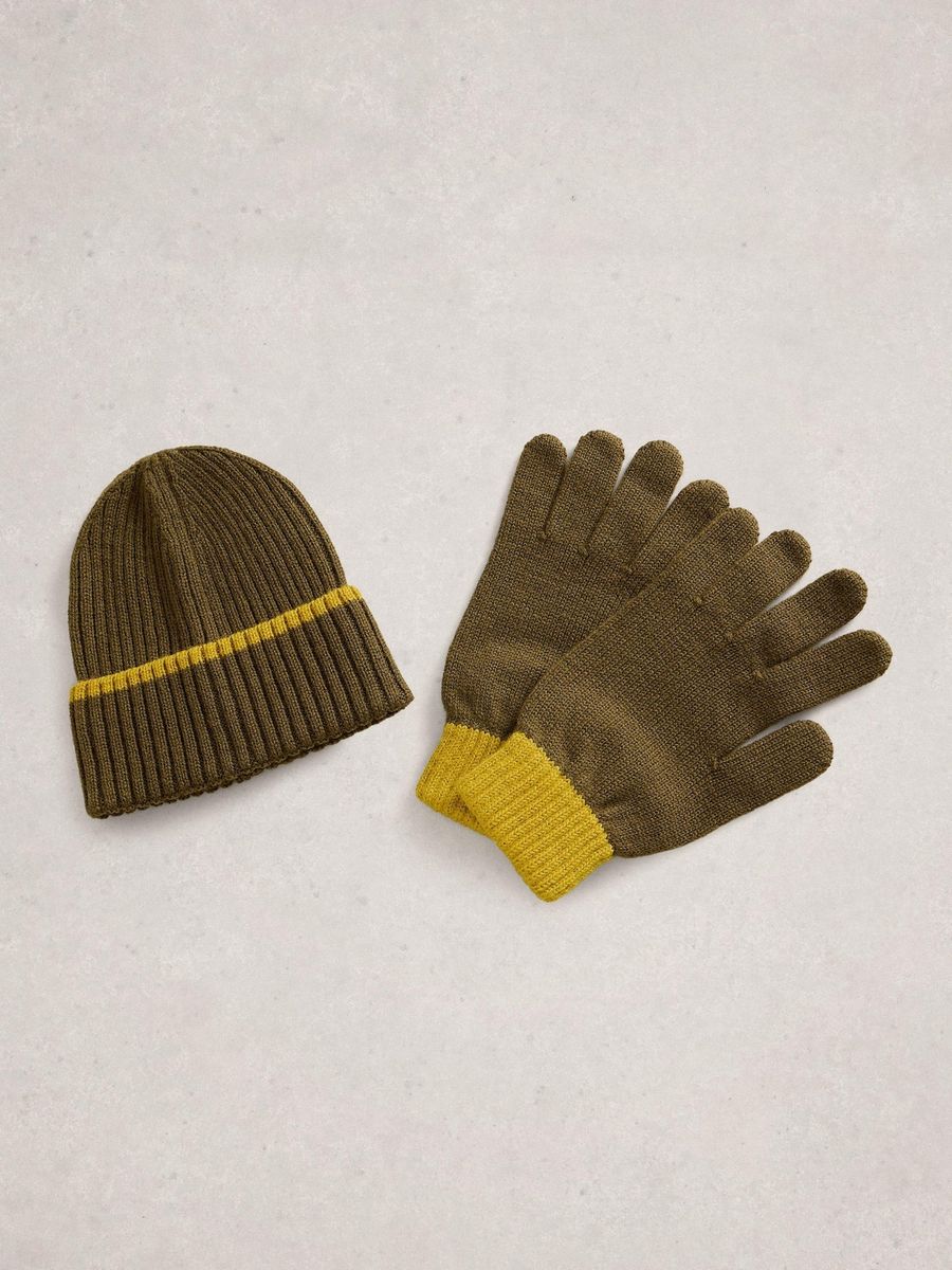 Zweifarbiger Strickmütze und Handschuh Set