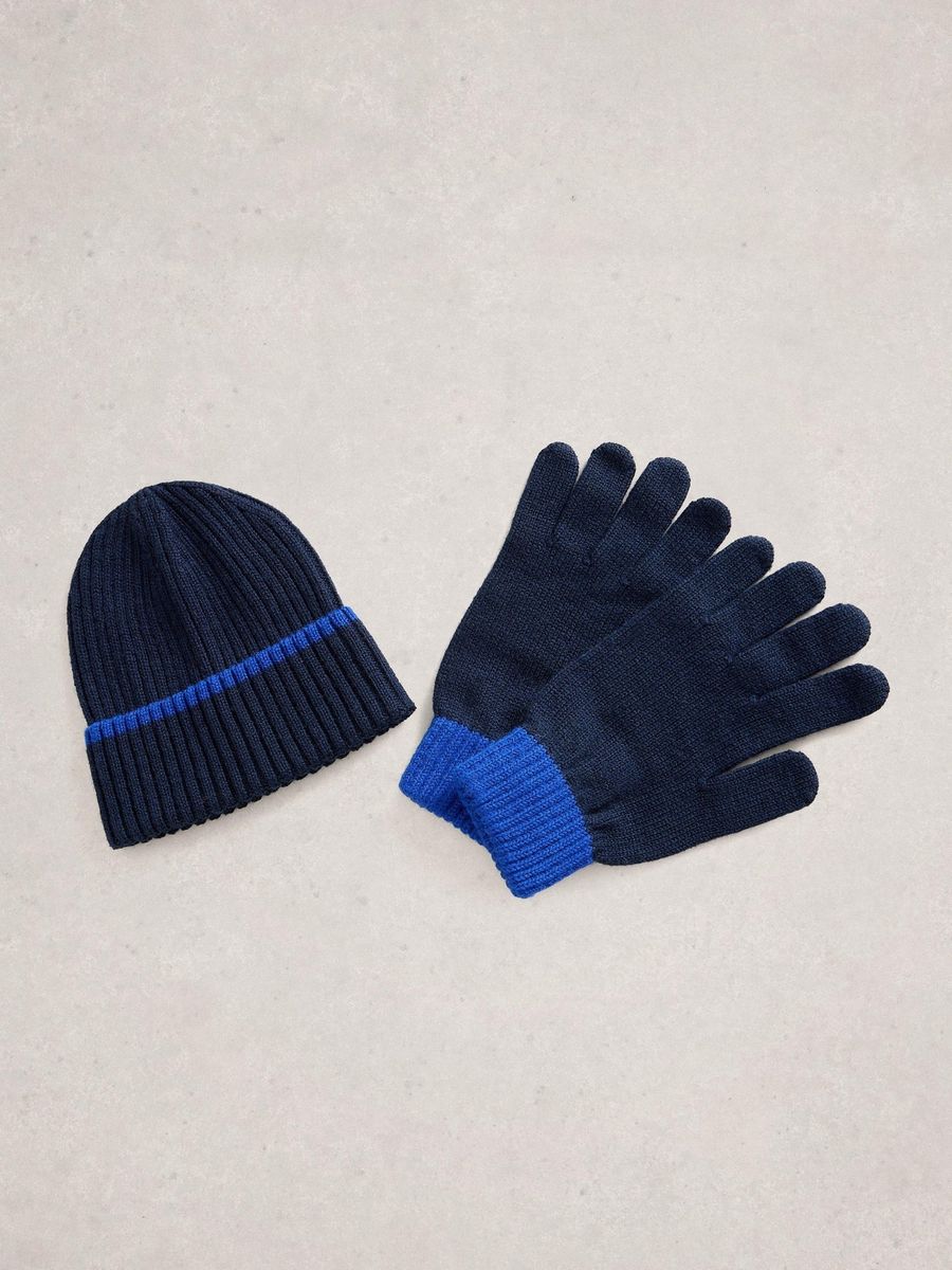Zweifarbige Strickmütze und Handschuhe Set