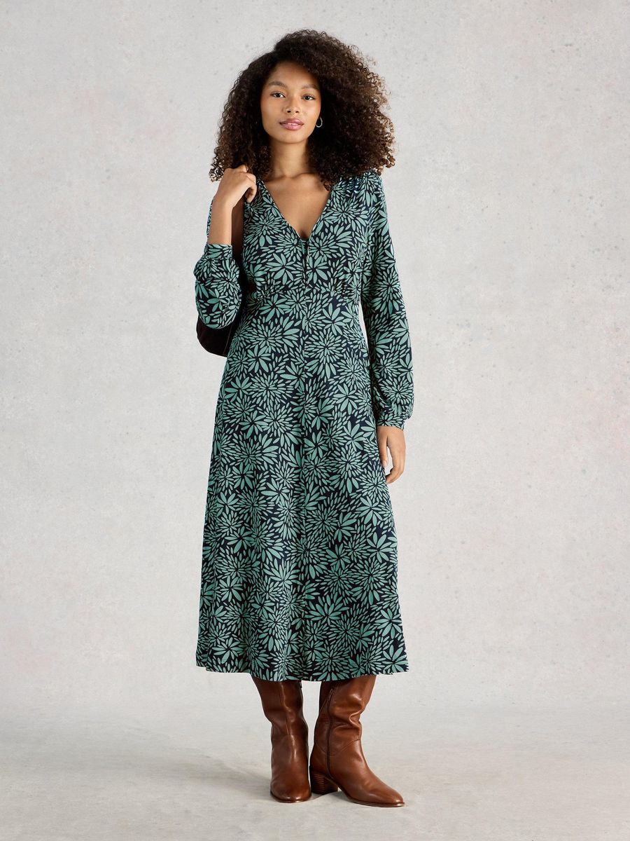 Jersey-Midikleid mit Print und langen Ärmeln