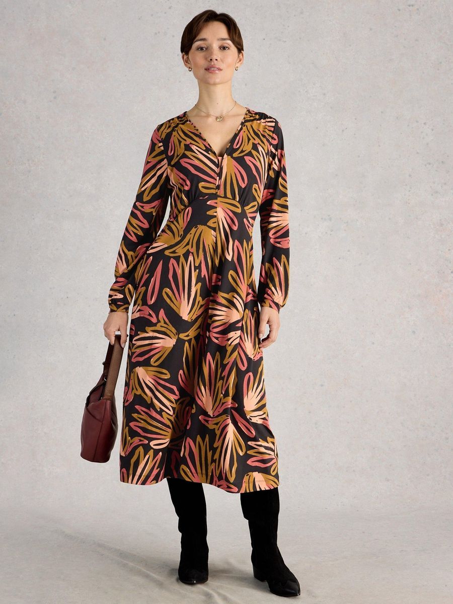 Midikleid mit abstraktem Druck und langen Ärmeln