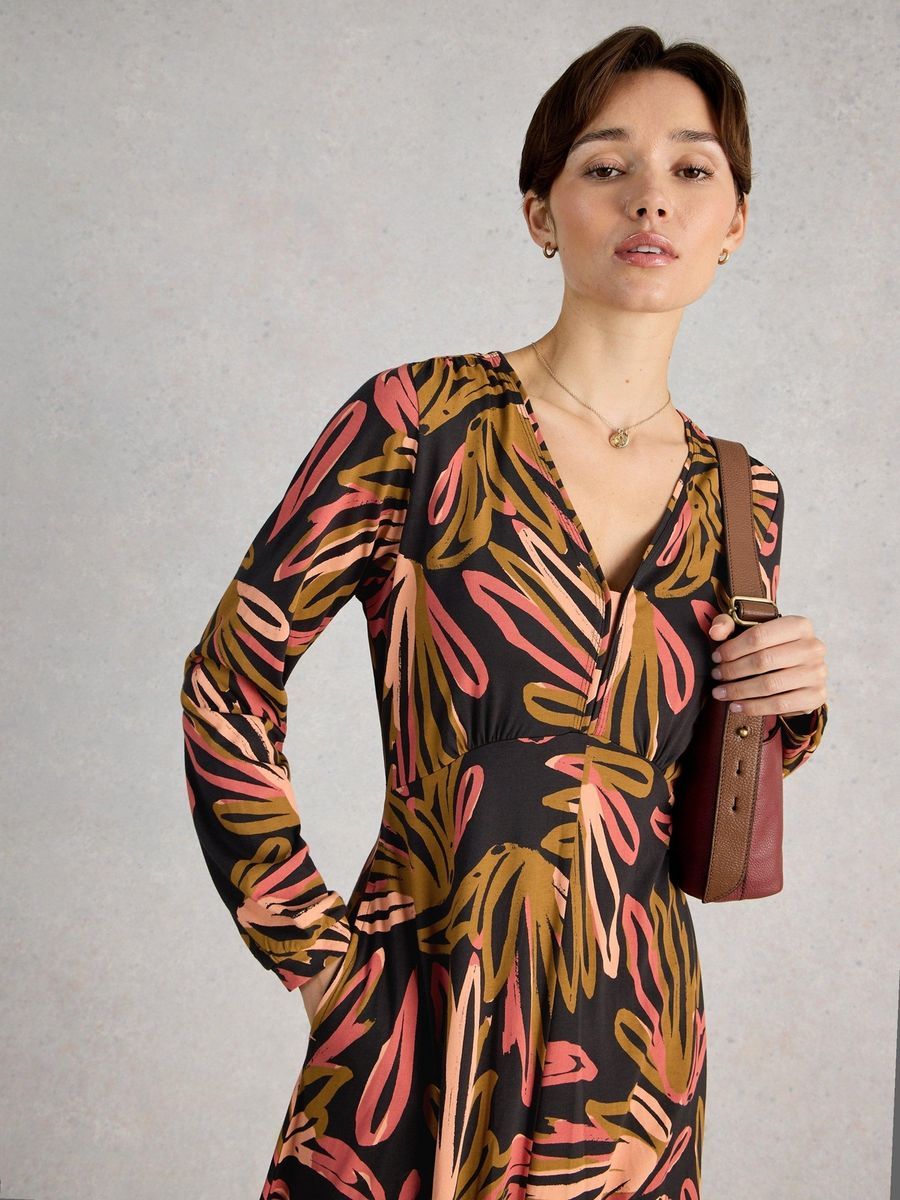 Midikleid mit abstraktem Druck und langen Ärmeln