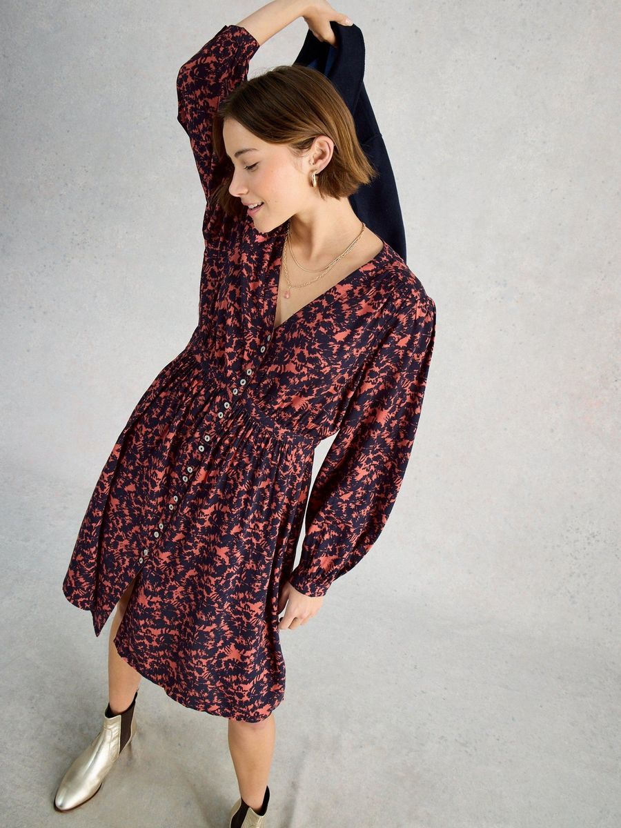 Bedrucktes Langarm-Kleid mit Knopfleiste