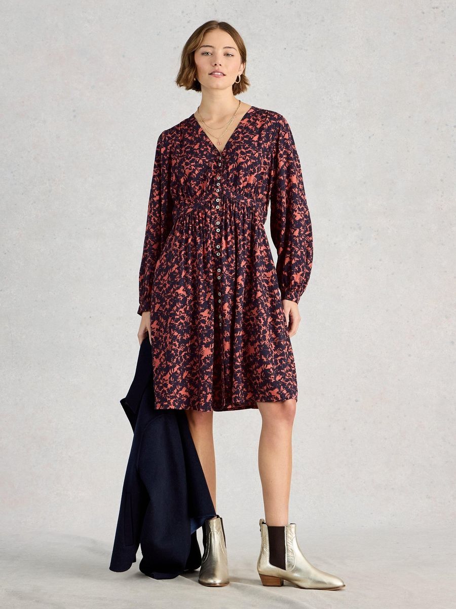 Bedrucktes Langarm-Kleid mit Knopfleiste