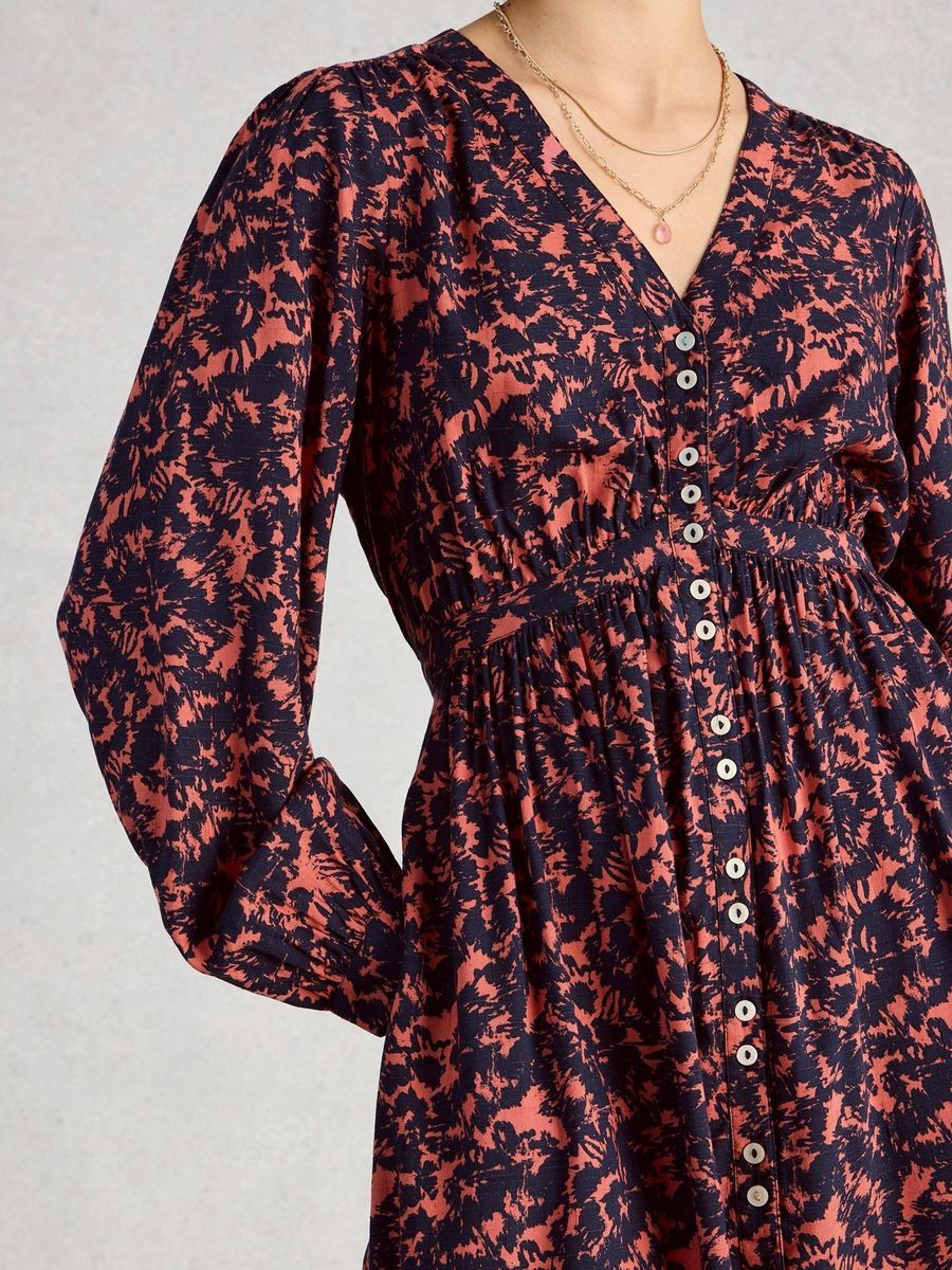 Bedrucktes Langarm-Kleid mit Knopfleiste