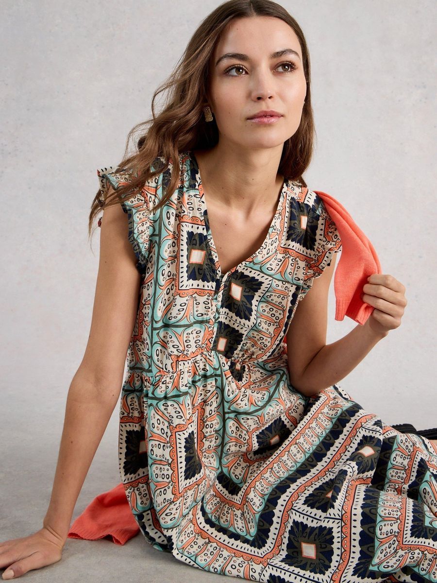 Fließendes Maxikleid mit Print und Rüschenärmeln