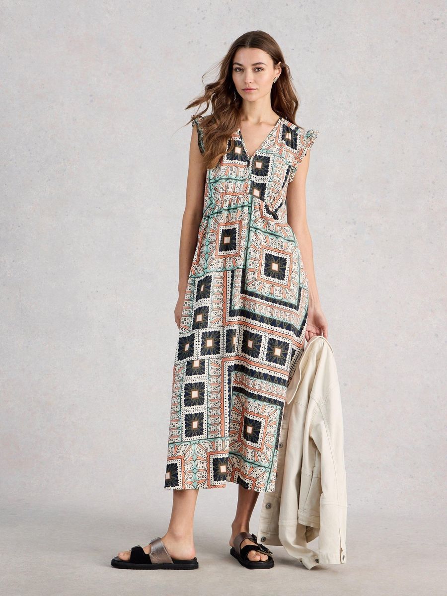 Fließendes Maxikleid mit Print und Rüschenärmeln