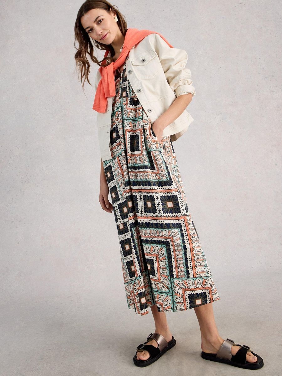 Fließendes Maxikleid mit Print und Rüschenärmeln