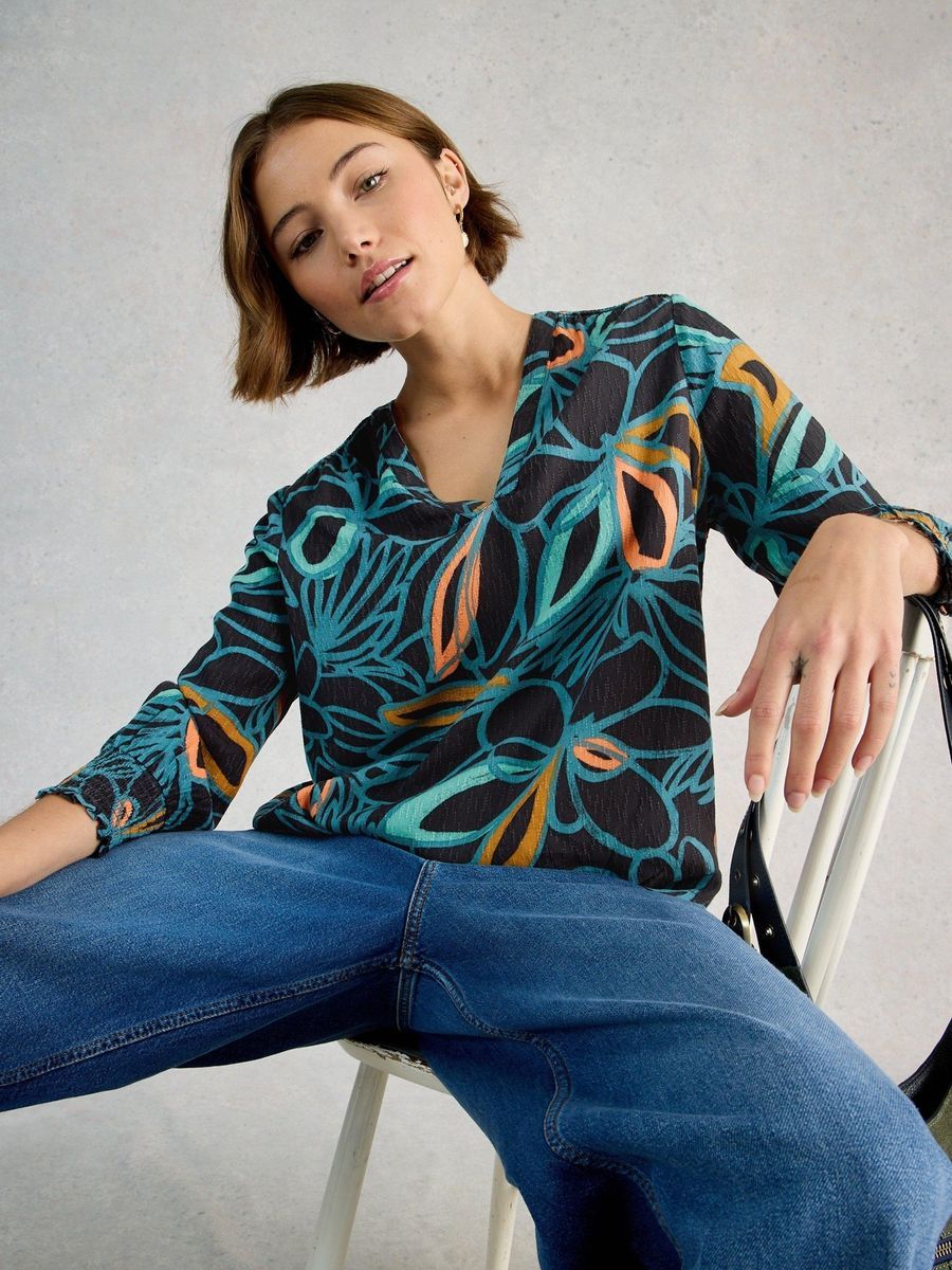 Abstrakte V-Ausschnitt Bluse mit Print